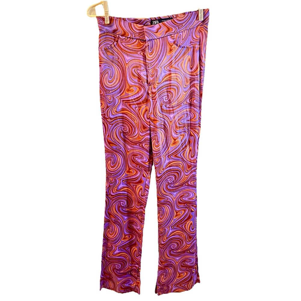 ZARA Women’s Retro Swirl Print High Rise Flare Pants Purple Orange Size S